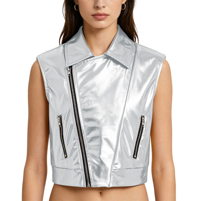 Womens Metallic Shiny Turn-Down Collar Vest Jackets Party Club Performance Costume Punk Zipper Sleeveless Tank Tops Outerwear