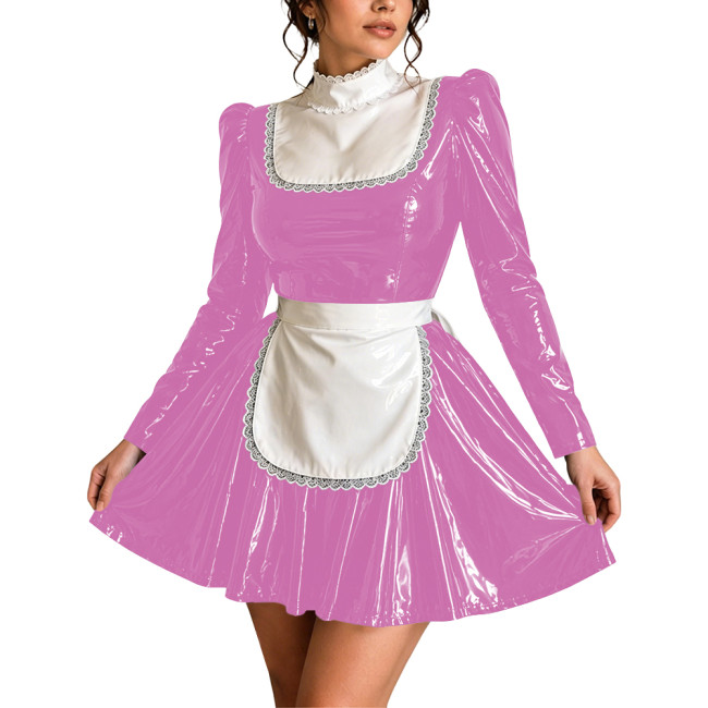 Ruffle High Neck Shiny PVC Maid Outfit Sissy Party French Apron Long Puff Sleeve Maid Uniforms Halloween Cosplay Mini Maid Dress