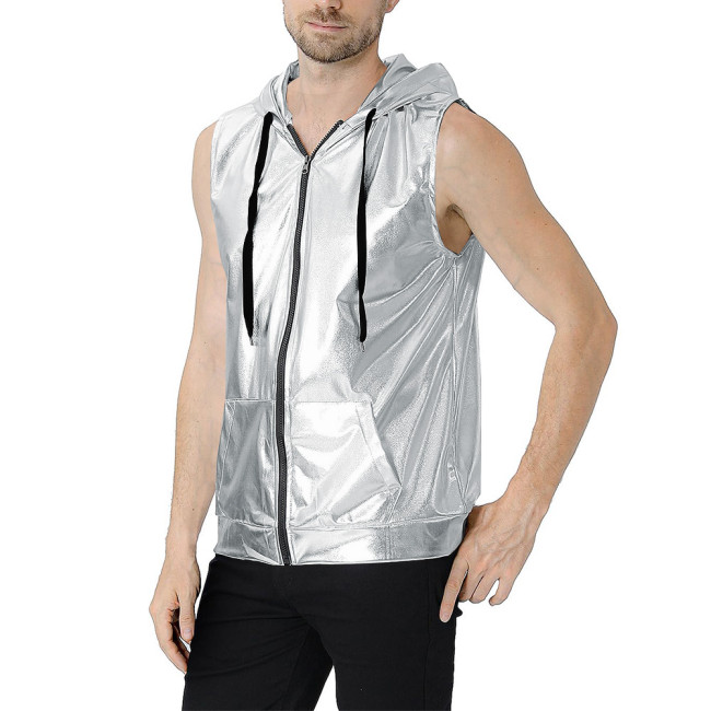 Men's Metallic Shiny Hooded Vest with Drawstring Front Zipper Club Sleeveless Coat Tops Wetlook Tees Party Nightclub Tank Jacket