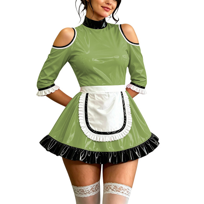 Sissy Party Shiny PVC Off Shoulder French Maid Mini Dress High Neck Ruffle Hem Apron Vinyl Maid Uniform Halloween Cosplay Outfit
