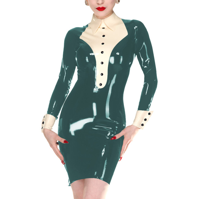 Chic Women Vinyl PVC Leather Tuxedo Dress Long Sleeves Turn-down Collar Bodycon Dress with Back Zip Club Wear Halloween Party