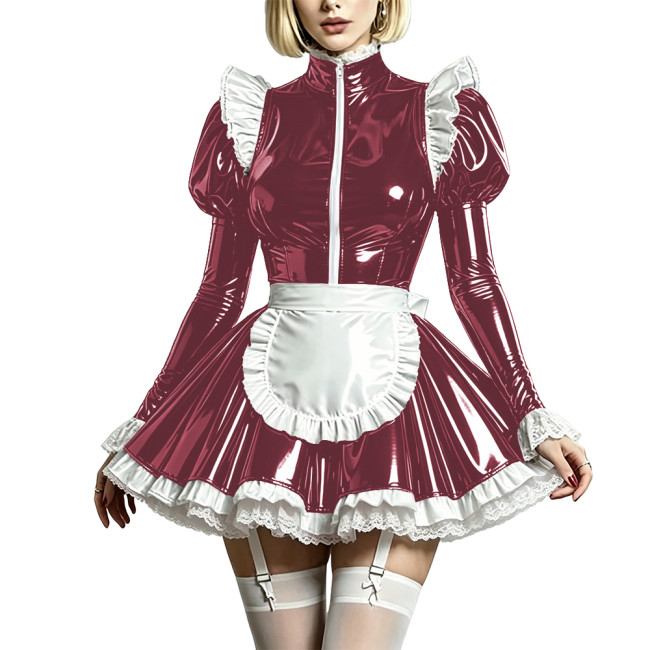 Sissy Sweet High-Neck Party Maid Uniform Puff Sleeve Wetlook Maid Prom Dress PVC Shiny Cosplay French Apron Maid Dress Outfits