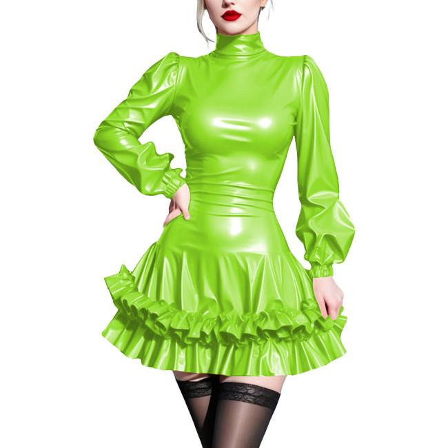 Shiny Short Mermaid Prom Dress Vinyl PVC Leather Long Sleeves Ruffles Flared Dress Womens Evening Gowns Cosplay Party Costume
