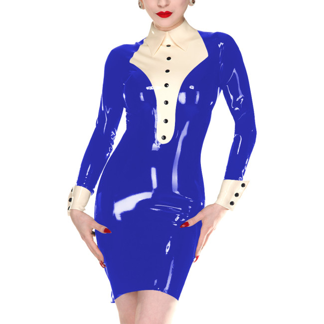Chic Women Vinyl PVC Leather Tuxedo Dress Long Sleeves Turn-down Collar Bodycon Dress with Back Zip Club Wear Halloween Party