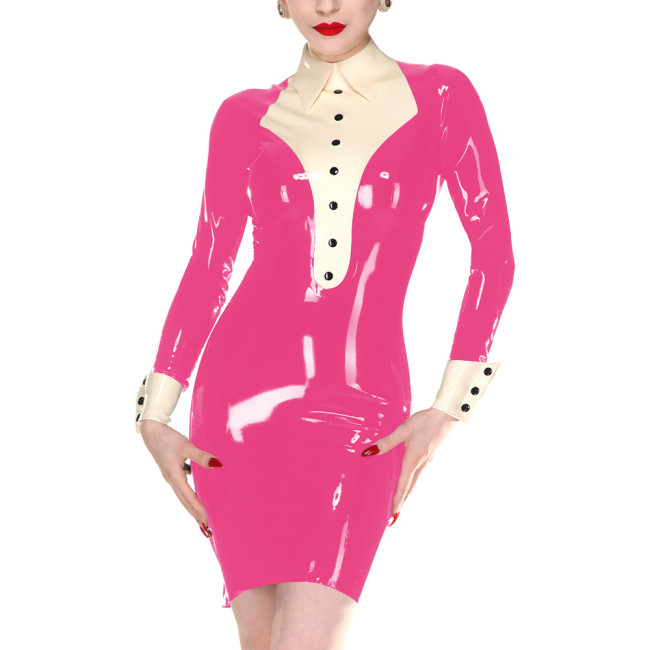 Chic Women Vinyl PVC Leather Tuxedo Dress Long Sleeves Turn-down Collar Bodycon Dress with Back Zip Club Wear Halloween Party