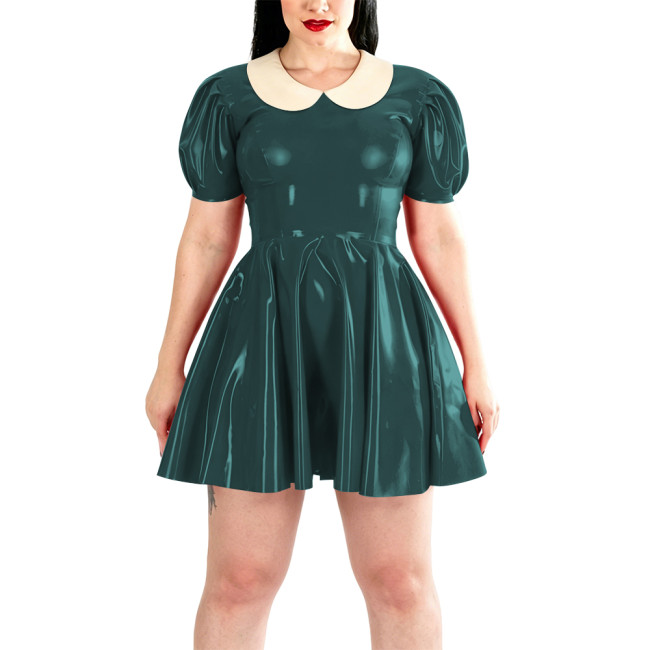 Plus Size Candy Color PVC Short Prom Dress Puff Sleeve Peter Pan Collar Mini A-line Dress Womens Evening Gowns Cosplay Partywear