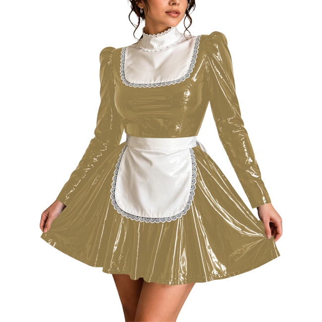 Ruffle High Neck Shiny PVC Maid Outfit Sissy Party French Apron Long Puff Sleeve Maid Uniforms Halloween Cosplay Mini Maid Dress