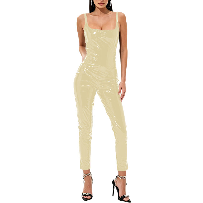 Women's Sexy Vinyl PVC Leather Jumpsuit Square Neck Sleeveless Glossy Bodycon Romper Female Clubwear Nightclub Backless Overalls