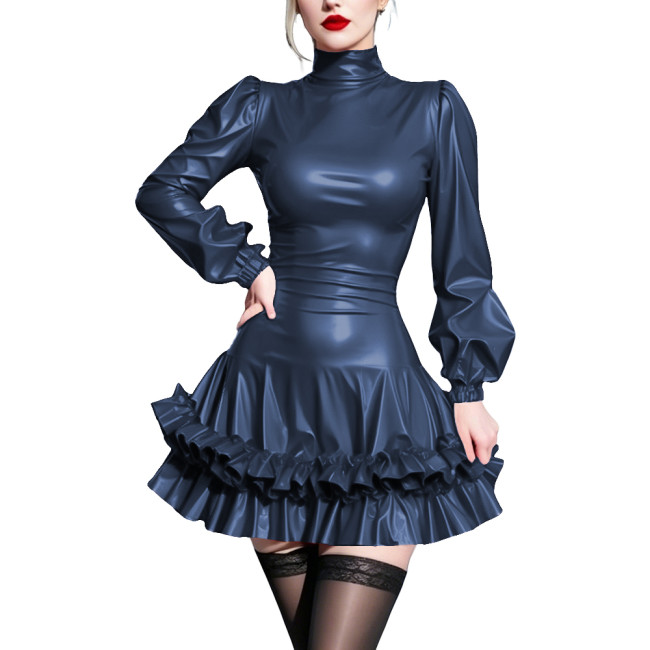 Shiny Short Mermaid Prom Dress Vinyl PVC Leather Long Sleeves Ruffles Flared Dress Womens Evening Gowns Cosplay Party Costume