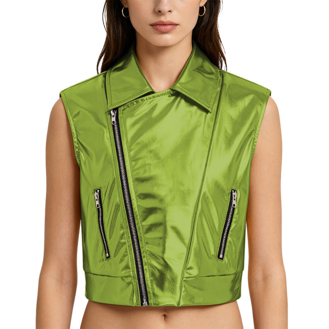 Womens Metallic Shiny Turn-Down Collar Vest Jackets Party Club Performance Costume Punk Zipper Sleeveless Tank Tops Outerwear