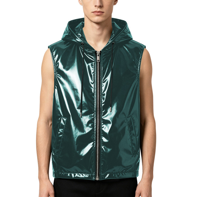 Mens Wet Look PVC Tank Top with Hood Shiny PU Leather Sleeveless Zipper Front Jackets Club Vest Coat Male Party Dance Tee Tops