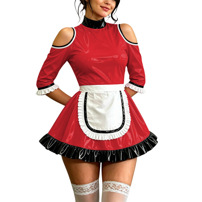 Sissy Party Shiny PVC Off Shoulder French Maid Mini Dress High Neck Ruffle Hem Apron Vinyl Maid Uniform Halloween Cosplay Outfit