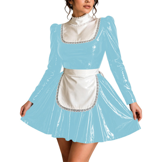 Ruffle High Neck Shiny PVC Maid Outfit Sissy Party French Apron Long Puff Sleeve Maid Uniforms Halloween Cosplay Mini Maid Dress