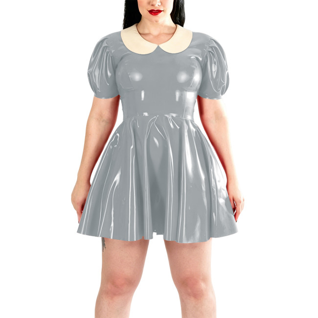 Plus Size Candy Color PVC Short Prom Dress Puff Sleeve Peter Pan Collar Mini A-line Dress Womens Evening Gowns Cosplay Partywear