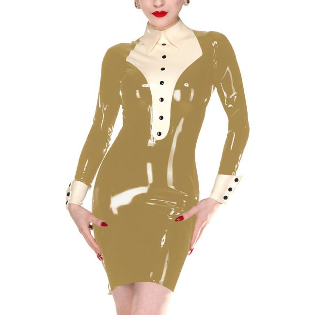 Chic Women Vinyl PVC Leather Tuxedo Dress Long Sleeves Turn-down Collar Bodycon Dress with Back Zip Club Wear Halloween Party