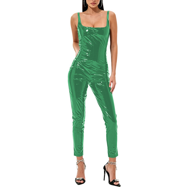 Women's Sexy Vinyl PVC Leather Jumpsuit Square Neck Sleeveless Glossy Bodycon Romper Female Clubwear Nightclub Backless Overalls
