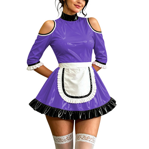 Sissy Party Shiny PVC Off Shoulder French Maid Mini Dress High Neck Ruffle Hem Apron Vinyl Maid Uniform Halloween Cosplay Outfit