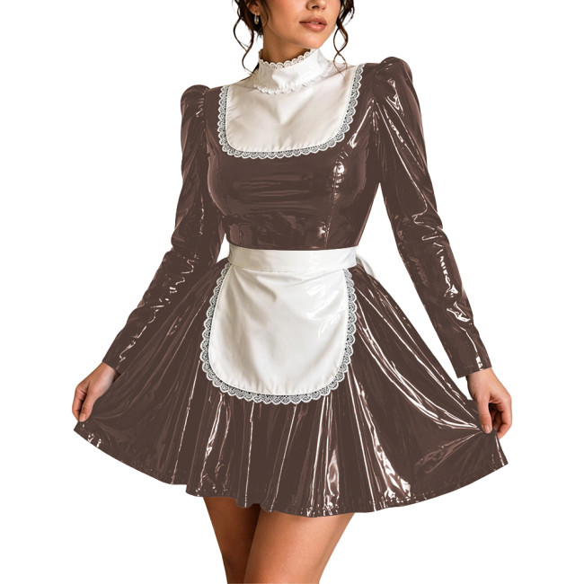 Ruffle High Neck Shiny PVC Maid Outfit Sissy Party French Apron Long Puff Sleeve Maid Uniforms Halloween Cosplay Mini Maid Dress