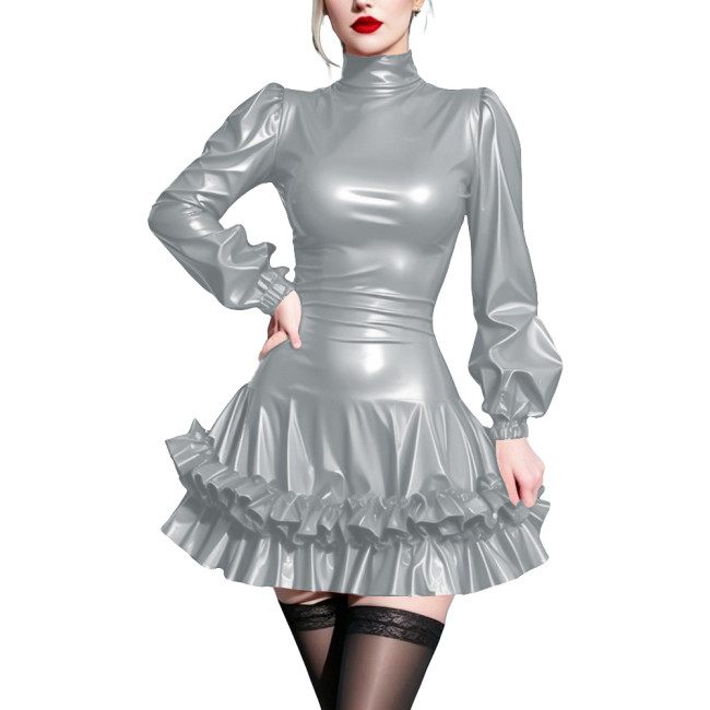 Shiny Short Mermaid Prom Dress Vinyl PVC Leather Long Sleeves Ruffles Flared Dress Womens Evening Gowns Cosplay Party Costume