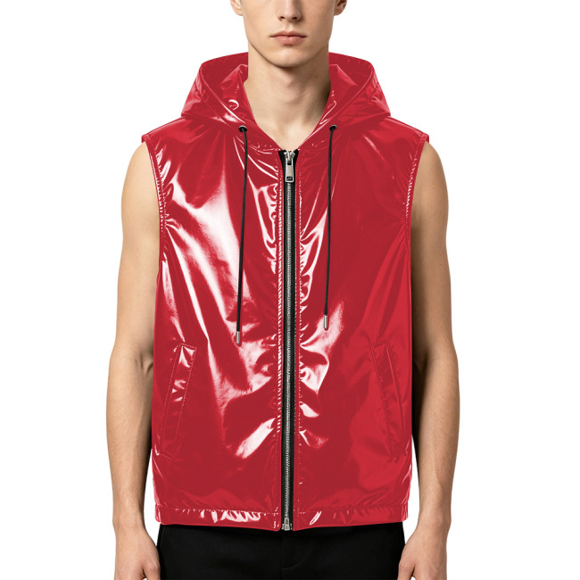 Mens Wet Look PVC Tank Top with Hood Shiny PU Leather Sleeveless Zipper Front Jackets Club Vest Coat Male Party Dance Tee Tops