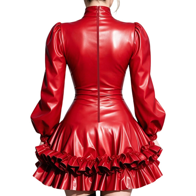 Shiny Short Mermaid Prom Dress Vinyl PVC Leather Long Sleeves Ruffles Flared Dress Womens Evening Gowns Cosplay Party Costume