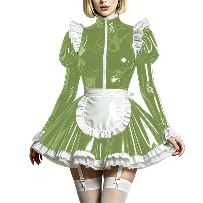 Sissy Sweet High-Neck Party Maid Uniform Puff Sleeve Wetlook Maid Prom Dress PVC Shiny Cosplay French Apron Maid Dress Outfits