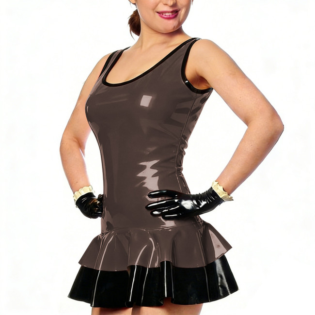 Plus Size Wet Look Ruffled Hem Mini Dress Sleeveless Bodycon Smooth PVC Leather Tight Dresses Womens Fetish Clubwear No Gloves