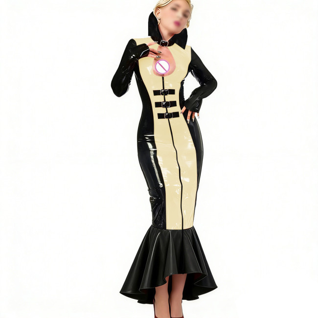Party Patchwork Long Mermaid Dress for Womens Stand Collar Buckle Hollow Wet PVC Leather Gown with Ruffled Hem Fetish Clubwear
