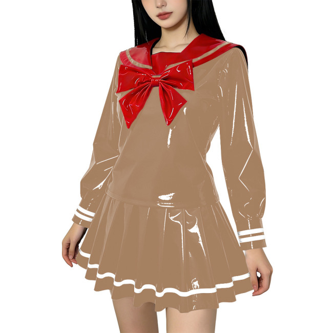 Preppy Style PVC Faux Latex Sailor Uniform Lolita Bow Red Sailor Collar Top Mini Pleated Skirt Set Anime Halloween Party Cosplay