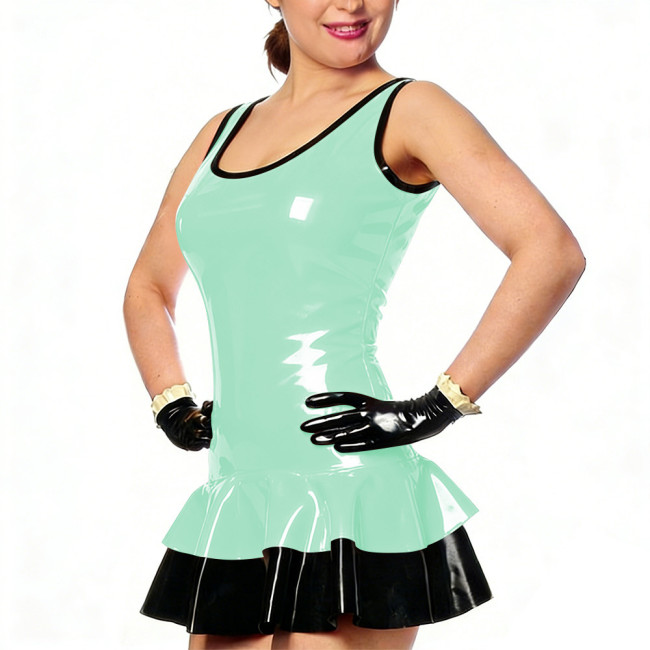 Plus Size Wet Look Ruffled Hem Mini Dress Sleeveless Bodycon Smooth PVC Leather Tight Dresses Womens Fetish Clubwear No Gloves