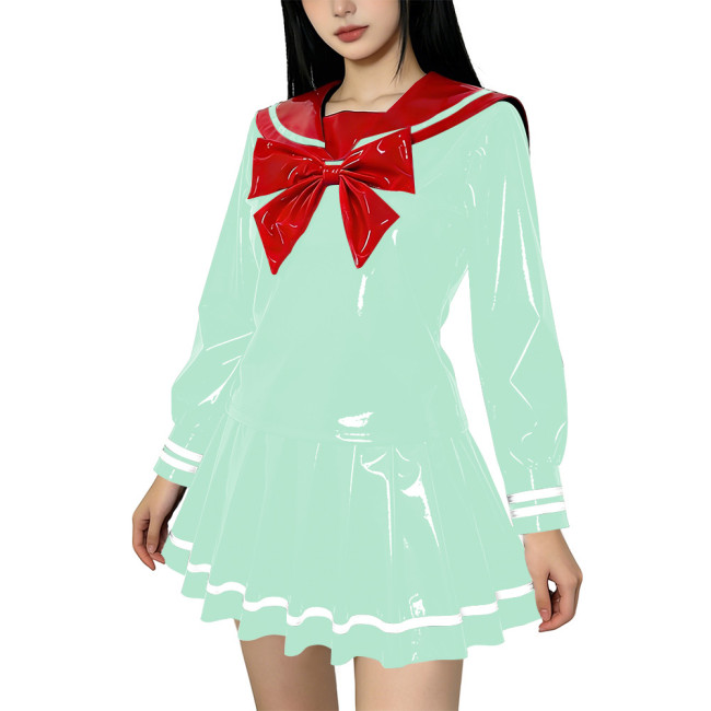 Preppy Style PVC Faux Latex Sailor Uniform Lolita Bow Red Sailor Collar Top Mini Pleated Skirt Set Anime Halloween Party Cosplay