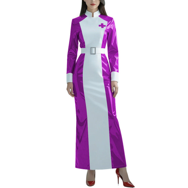 Halloween Glossy PVC Leather Nurse Uniform Womens Long Sleeve Doctor Nurse Long Dress Patchwork Role Play Party Belted Dresses