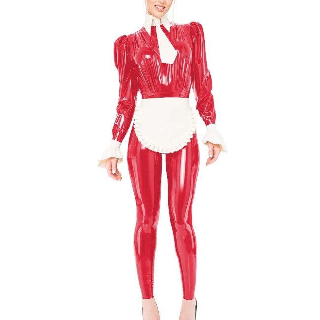 Puff Long Sleeve Wet Look PVC Jumpsuit with Apron & Tie Sissy Cosplay French Maid Bodysuit Outfits Halloween Role Play Costume