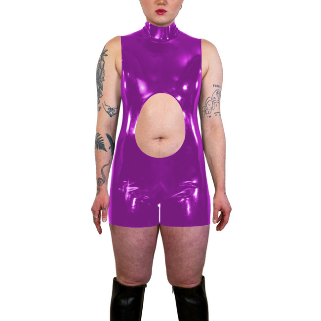 Sexy Hollow Backless Club High Neck Shorts Jumpsuit Women PVC Shiny One Piece Bodysuit Party Cosplay Outfit Sleeveless Rompers