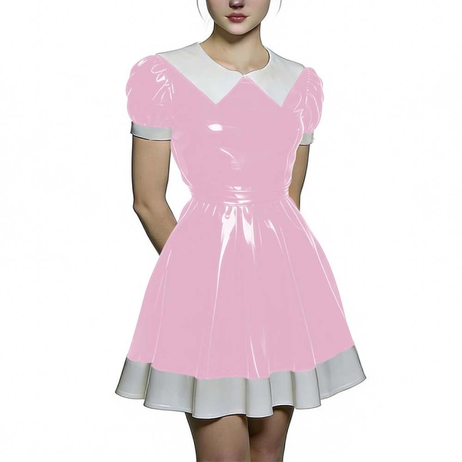 Womens Short Puff Sleeve A-Line Flared Dress PVC Shiny Leather Contrast Collar Pleated Mini Dress for Party Lolita Maid Outfit