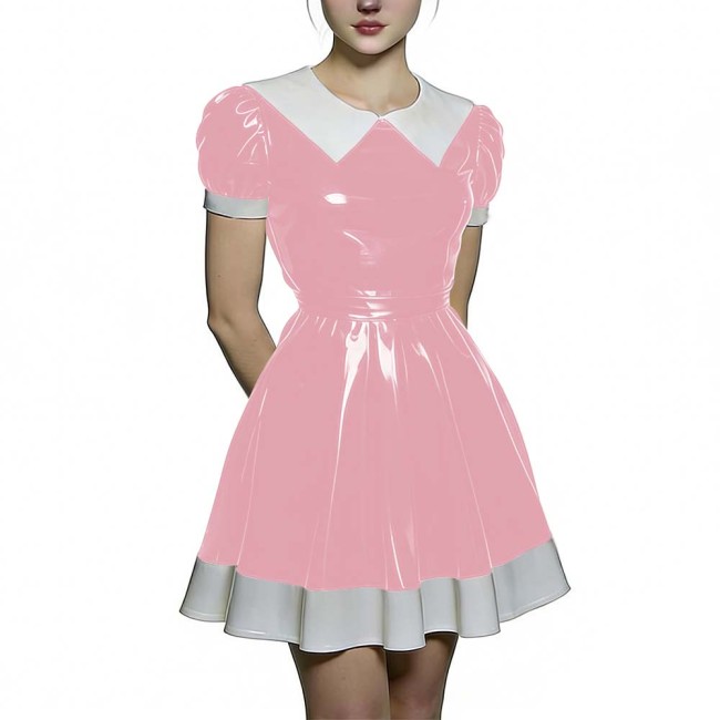 Womens Short Puff Sleeve A-Line Flared Dress PVC Shiny Leather Contrast Collar Pleated Mini Dress for Party Lolita Maid Outfit