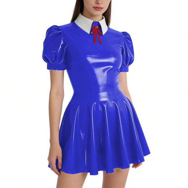Puff Short Sleeve Wet Look PVC Mini Dress with White Collar Womens Vinyl Faux Leather A-Line Flared Dress Lolita Cosplay Costume