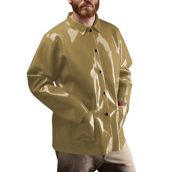 Men's Club Shiny PVC Button-Down Shirt Glossy Faux Leather Long Sleeve Jacket with Pocket Casual Streetwear Fashion Shirt Tops