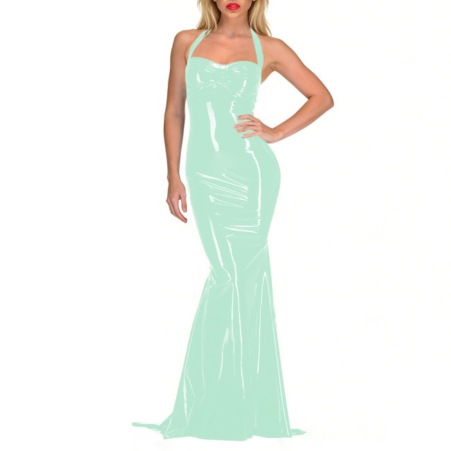 High Stretch Smooth PVC Leather Long Dress Sexy Halter Backless Wet Look Sleeveless Bodycon Dress for Nightout Club Party Show
