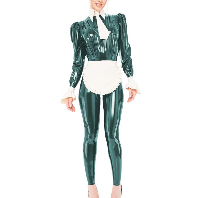 Puff Long Sleeve Wet Look PVC Jumpsuit with Apron & Tie Sissy Cosplay French Maid Bodysuit Outfits Halloween Role Play Costume