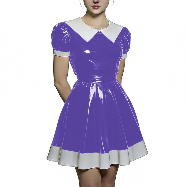 Womens Short Puff Sleeve A-Line Flared Dress PVC Shiny Leather Contrast Collar Pleated Mini Dress for Party Lolita Maid Outfit