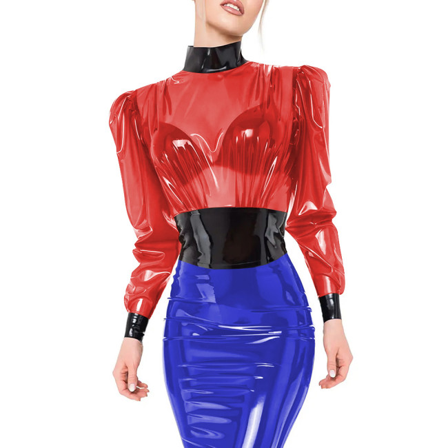Nightclub Clear Plastic Puff Sleeve Crop Top for Womens High Neck Transparent PVC Female Blouses with Black Trim Sissy Clubwear