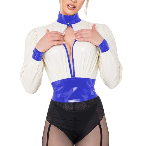 Womens White PVC Leather Long Sleeve Crop Top Sexy Hollow Front Wetlook Short T-shirts Sissy Patchwork Slim Fit Blouse Partywear