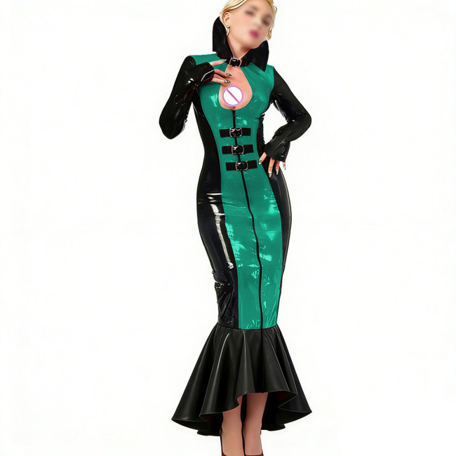 Party Patchwork Long Mermaid Dress for Womens Stand Collar Buckle Hollow Wet PVC Leather Gown with Ruffled Hem Fetish Clubwear