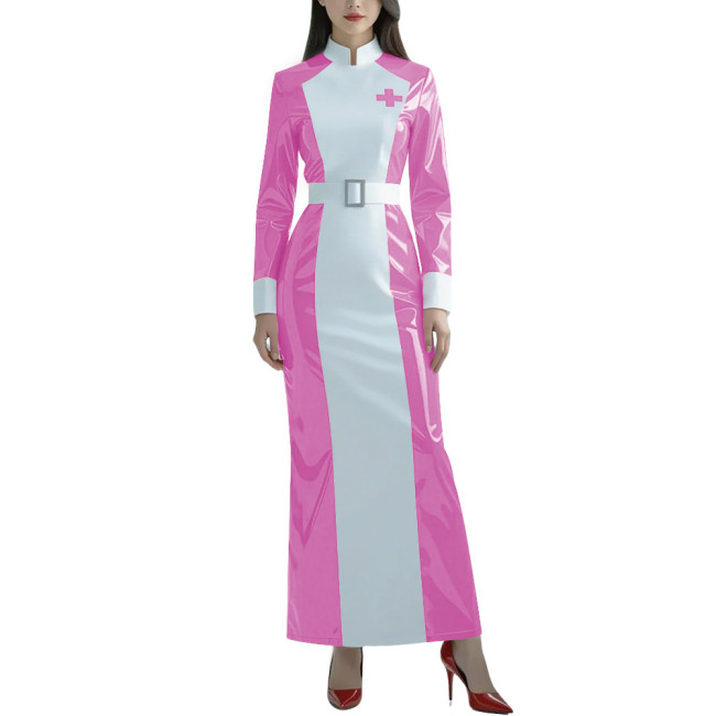 Halloween Glossy PVC Leather Nurse Uniform Womens Long Sleeve Doctor Nurse Long Dress Patchwork Role Play Party Belted Dresses