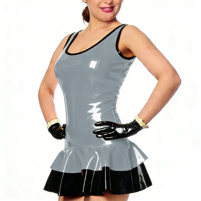 Plus Size Wet Look Ruffled Hem Mini Dress Sleeveless Bodycon Smooth PVC Leather Tight Dresses Womens Fetish Clubwear No Gloves
