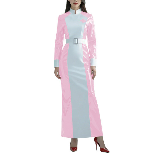 Halloween Glossy PVC Leather Nurse Uniform Womens Long Sleeve Doctor Nurse Long Dress Patchwork Role Play Party Belted Dresses