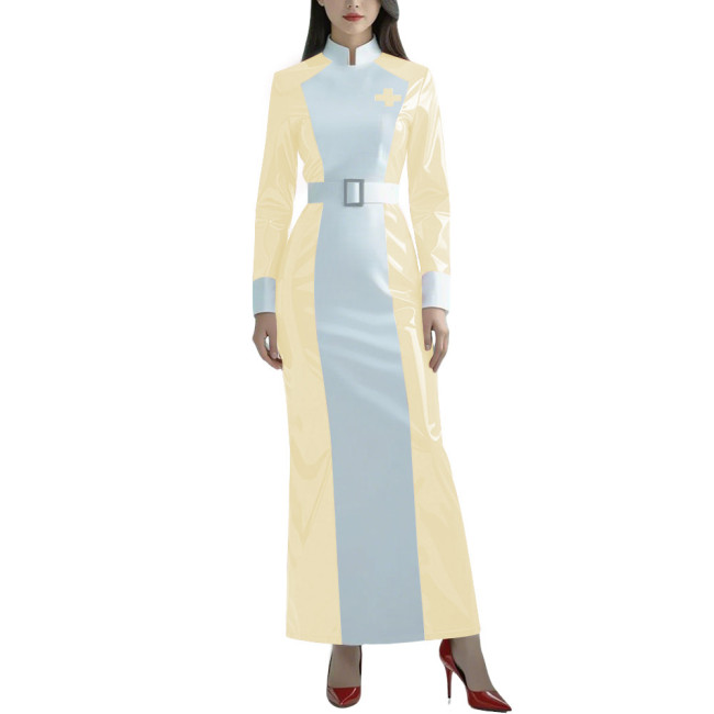 Halloween Glossy PVC Leather Nurse Uniform Womens Long Sleeve Doctor Nurse Long Dress Patchwork Role Play Party Belted Dresses