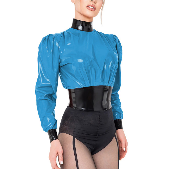 Glossy Black Contrast PVC Crop Top Wet Look Long Sleeve Turtleneck Blouse Turtleneck Fetish Mistress Zipper Back Slim T-shirts
