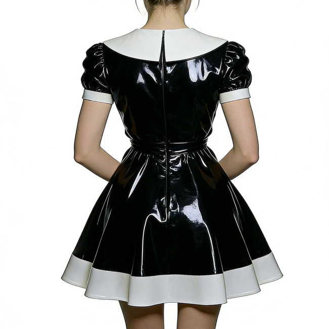 Womens Short Puff Sleeve A-Line Flared Dress PVC Shiny Leather Contrast Collar Pleated Mini Dress for Party Lolita Maid Outfit
